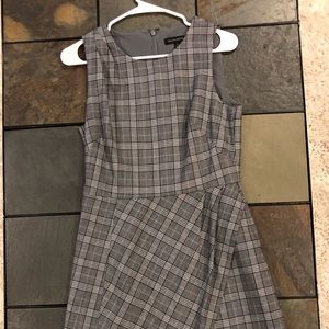 Plaid gray faux-wrap dress.